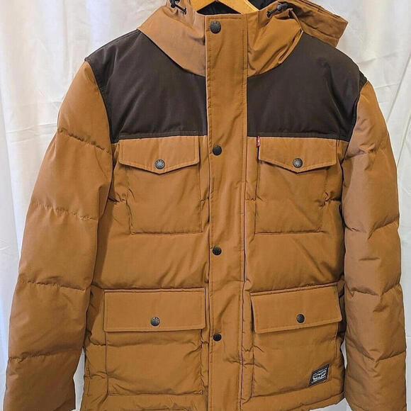 Men's Levi's Quilted Four Pocket Parka Hoody Jacket-Worker Brown-L - Picture 2 of 10